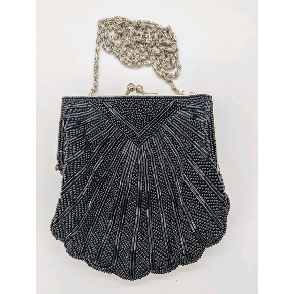 Whittall & Shon Handbags - Vintage Whittall & Shon Black Beaded Shell Clutch -Art Deco Scallope Evening Bag